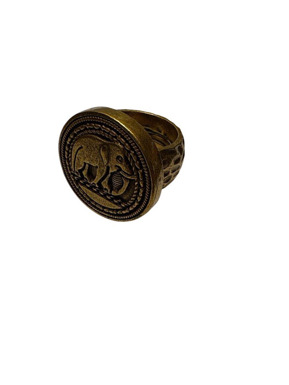 Vintage Brass Signet Ring Round Engraved Elephant Motif Statement Band - Size 9